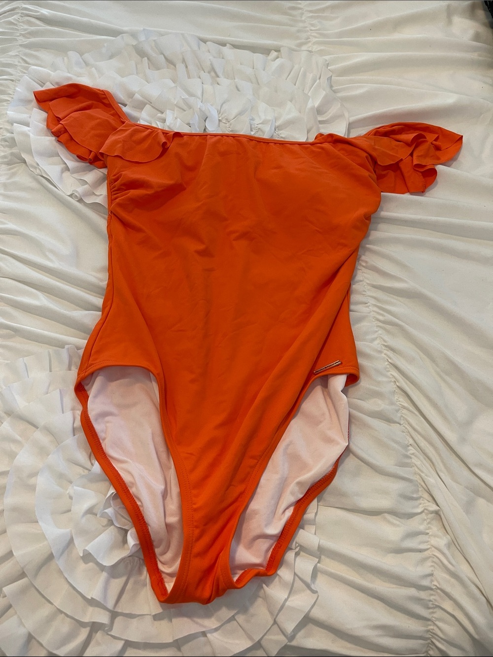 Vince Camuto Bright Orange Ruffle Sleeve One-Piece Swimsuit